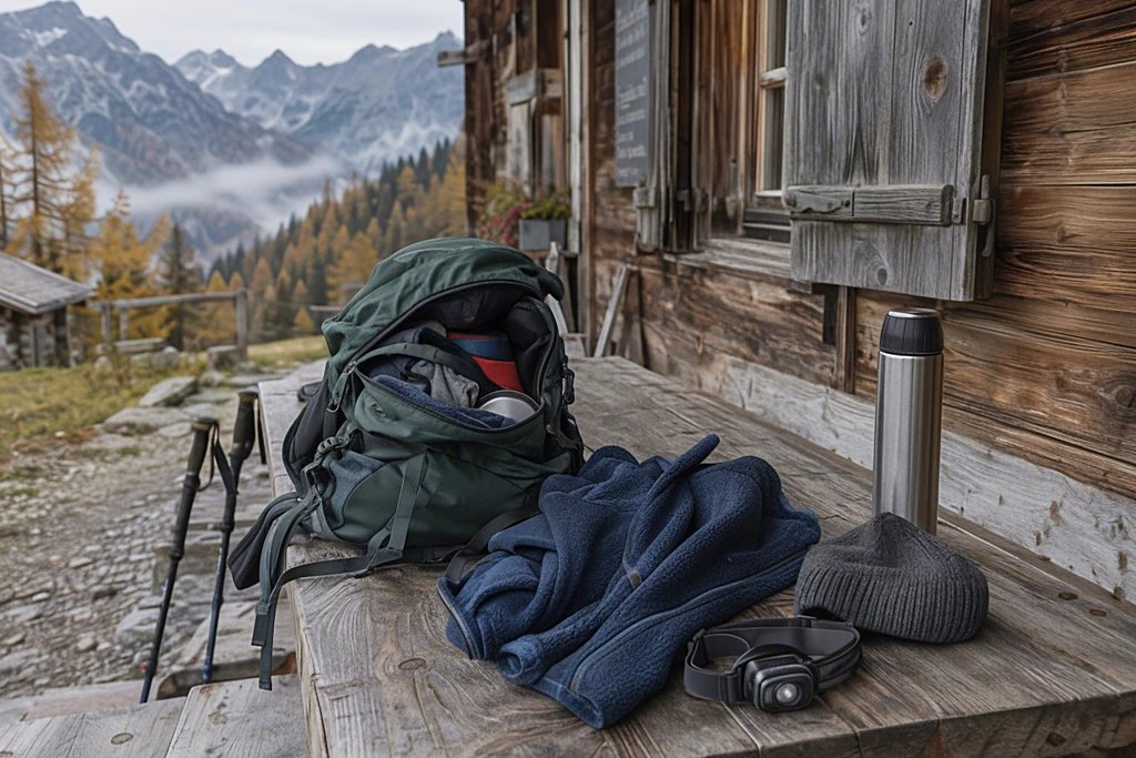 Wanderrucksack mit Fleecejacke, Mütze, Stirnlampe und Thermoskanne auf einer Holzbank vor herbstlichen Lärchen